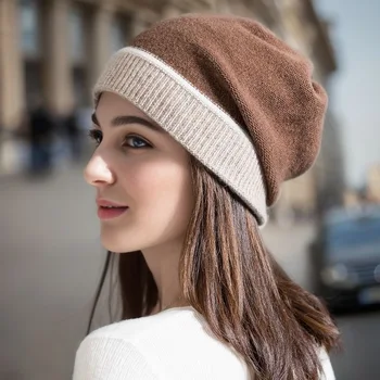 Нови вълнени шапки за есенна и зимна контрастна защита на ушите и топла плетена шапка Дишащи и топли шапки за жени