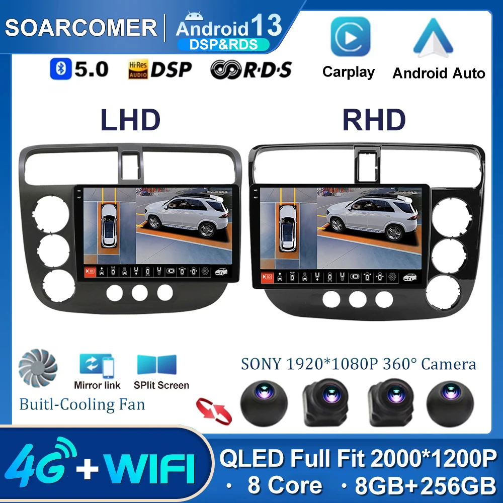 Android 13 За Honda Civic 7 2000-2006 GPS навигация кола мултимедиен видео плейър BT Carplay Head Unit No 2Din Autoradio0