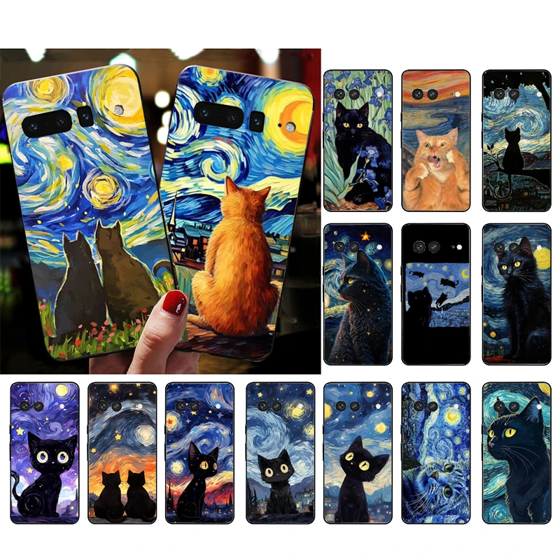 Cat Starry Night Ван Гог телефон случай за Google Pixel 8 7 Pro 7A 7 6A 6 Pro 5A 4A 3A пиксел 4 XL пиксел 5 6 4 3A XL0