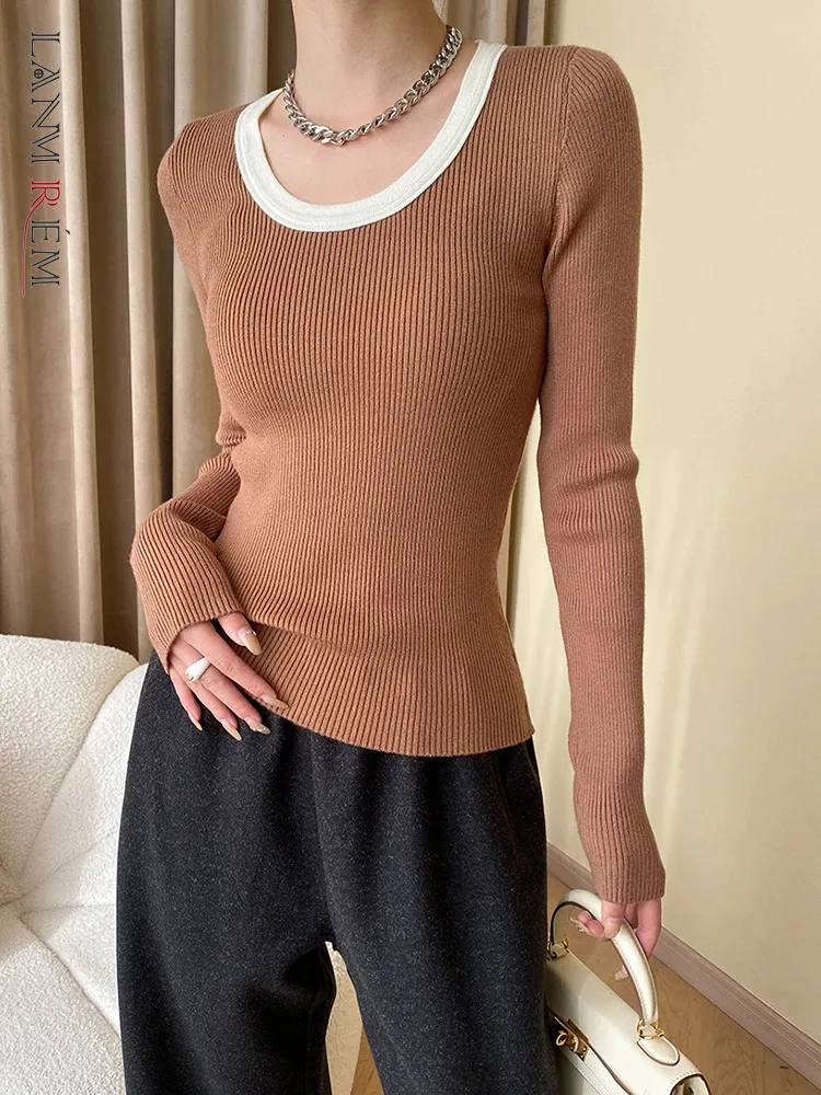 [LANMREM] Контрастен цвят тънка ботоминг тениска за жени около врата дълъг ръкав минимализъм женски върхове 2024 пролет нов 26D76450