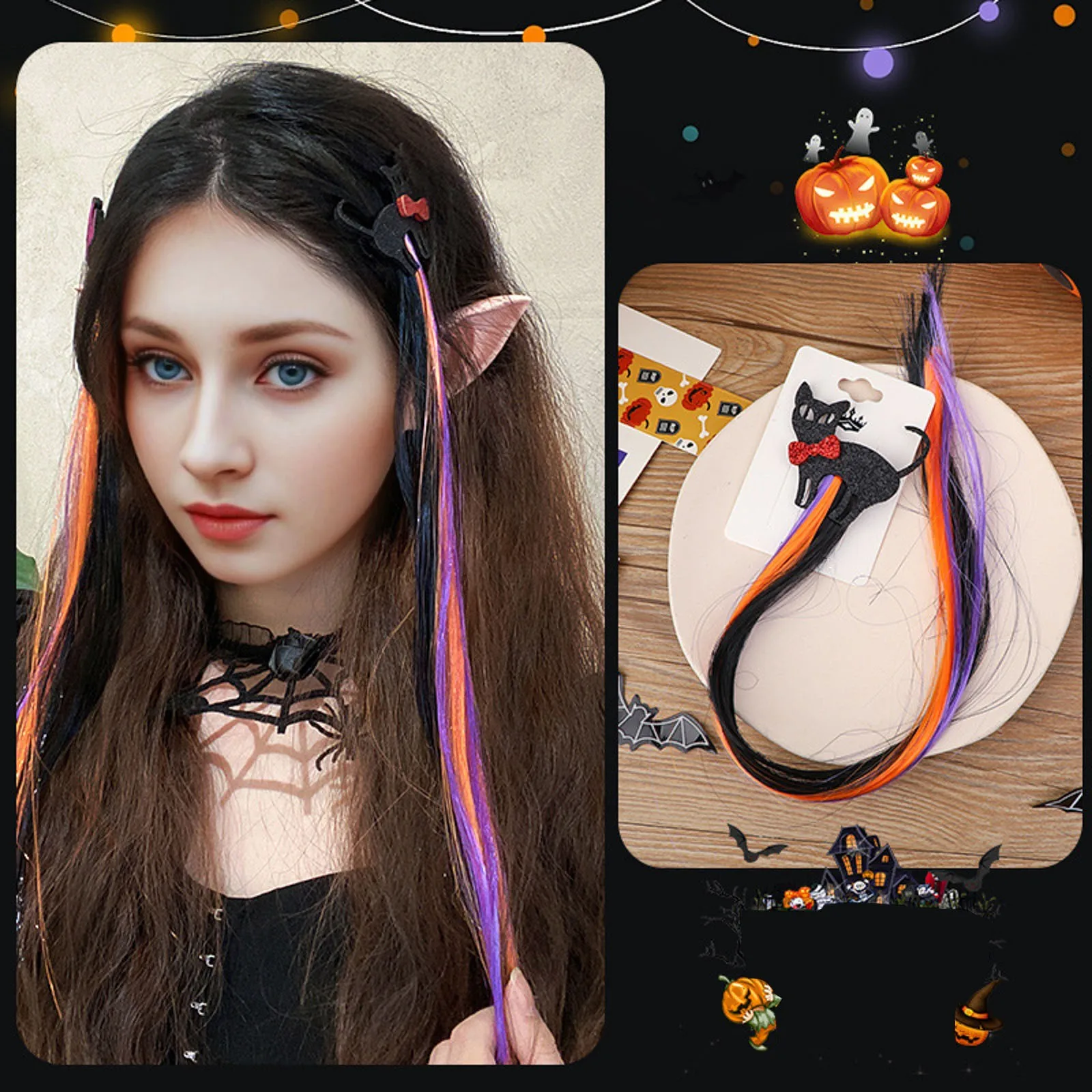Хелоуин коса лъкове клипове с цветни разширения за коса за момичета тиква прилеп бухал модели Хелоуин щипки за коса за момичета1
