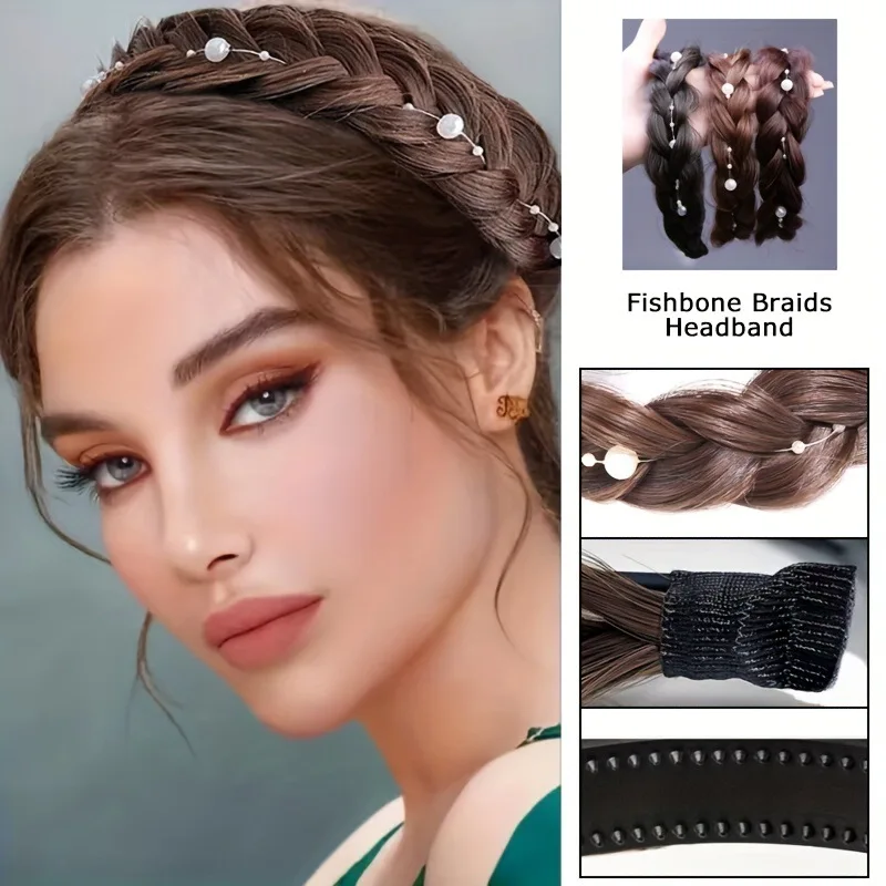 Синтетична плетена лента за глава с перли за жени и момичета, широка прическа, плитки, разтеглива коса2