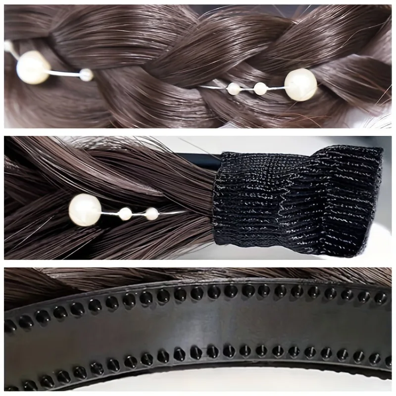 Синтетична плетена лента за глава с перли за жени и момичета, широка прическа, плитки, разтеглива коса3