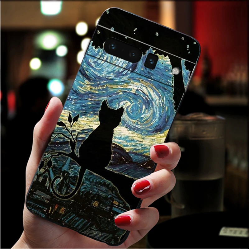 Cat Starry Night Ван Гог телефон случай за Google Pixel 8 7 Pro 7A 7 6A 6 Pro 5A 4A 3A пиксел 4 XL пиксел 5 6 4 3A XL4