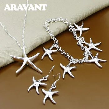 Aravant 925 Сребърни модни колиета от морски звезди Капка обеци гривни комплект за жени булчински бижута