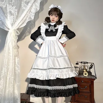 Bristish Housekeeper униформа плюс размер аниме прислужница косплей костюм жени Лолита дълъг ръкав дантела парти шоу престилка камериерки облекло