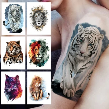 DIY Тигър леопард временни татуировки за мъже жени възрастни фалшив вълк лъв татуировка стикер акварел животински водоустойчив Tatoo лента за ръка