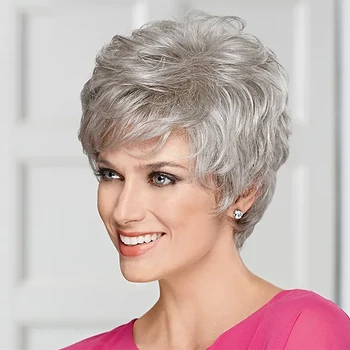 HAIRJOY синтетична коса жени класически къси перуки слоеве къдрава сива перука