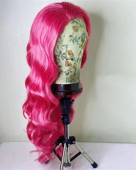 Hot Pink Long Body Wave Glueless Lace Front Wig For Women Synthetic Hair Wigs Glueless Soft 180% Density Preplucked Cosplay