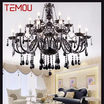 TEMOU Европейски стил полилей лампа LED висулка свещ кристал черно луксозни осветителни тела вътрешен за дома хотел зала