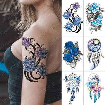 Водоустойчив временен стикер за татуировка Синьо лилаво цвете тотем флаш татуировки Роза Dreamcatcher боди арт ръка фалшив Tatoo жени мъже
