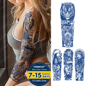 Голям пълен ръкав ръкав сок мастило водоустойчив временен татуировка стикер тигър слон часовник роза фалшиви татуировки боди арт жени мъже