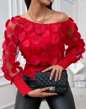 Дамски блузи елегантен стил 2024 пролет балон ръкав темперамент пътуване до работното място цветен модел Shirred отвесни окото на рамото риза