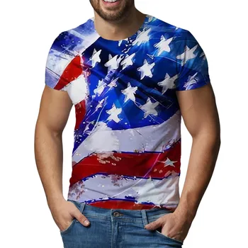 Ден на независимостта летни тениски мъже американски флаг печат къс ръкав T ризи хлабав O врата извънгабаритни реколта мъжки пуловер тройници