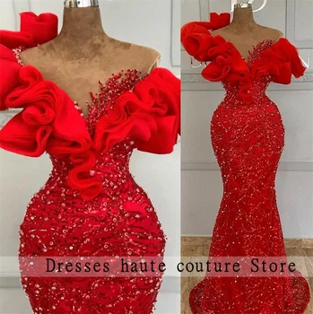 Луксозни невероятни арабски Aso Ebi червени вечерни рокли русалка блестящи пайети жени официално парти втори прием рокли сватбена роба