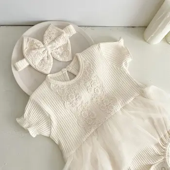 Лятна флорална бебе момиче дантелена рокля сладко бебе момиче къс ръкав памук гащеризон бебе момиче боди + лента за глава 2бр