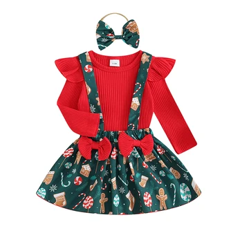 Малко дете момичета облекло дрехи Коледа дълги ръкави гащеризон и печат Suspender пола лента за глава бебе сладко облекло