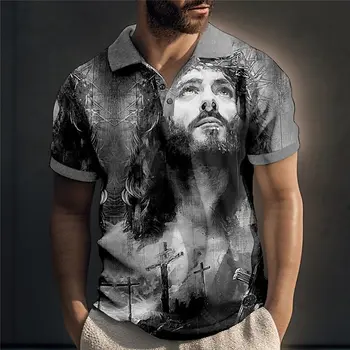 Мъжка поло риза реколта Исус печатни ризи случайни къс ръкав блуза летни дрехи извънгабаритни тениски открит поло риза