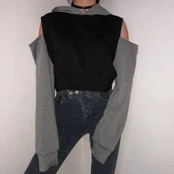 Нова небрежна тениска с качулка с качулка Женска тениска с дълъг ръкав Пуловер Loose Crop Tops Дами Черна мода Улично облекло