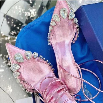 Розов голям кристал декор Strappy помпи заострени пръсти дантела нагоре елегантен стилет висок ток дамски обувки 2023 Мода Сапатос пара Мужере