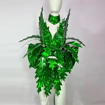 Секси зелен лазерен лист сценичен костюм Облекло на кралицата на драг карнавал рейв облекло нощен клуб танцьор изпълнение дрехи
