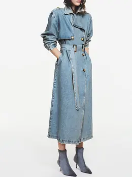 Сини дънки жени дълго яке с колан дънкови дрехи женски пролетта офис дама бизнес работа износване горещо момиче палто абитуриентски рокля
