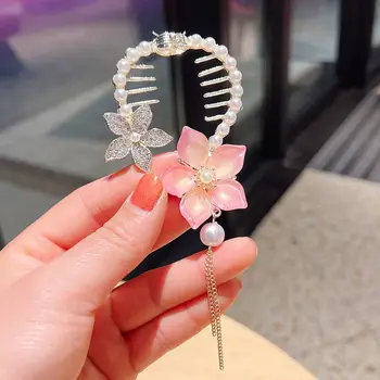 Темперамент Сладко цвете конска опашка притежател мода цвете хвощ катарама момичета елегантен античен ханфу