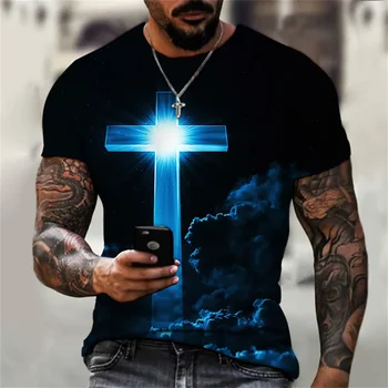 голяма тениска, 3D Исус Христос кръст печат, християнско облекло, обло деколте отгоре, ретро, хип-хоп, къс ръкав